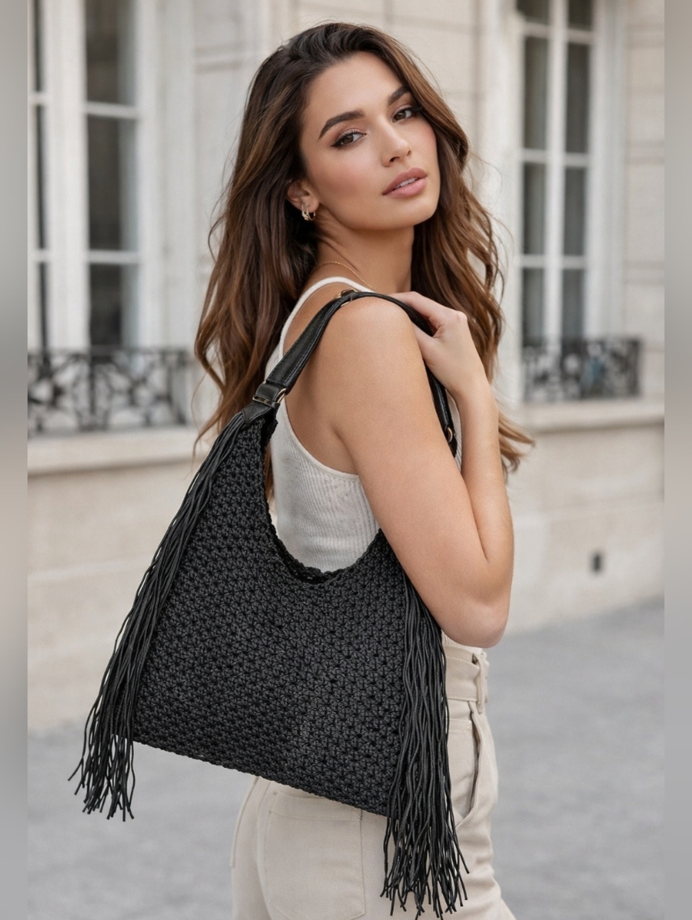 Boho Fringe Black Shoulder tote bag adjustable strap, no flaws